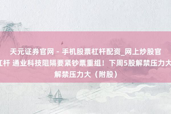 天元证券官网 - 手机股票杠杆配资_网上炒股官网配资杠杆 通业科技阻隔要紧钞票重组！下周5股解禁压力大（附股）
